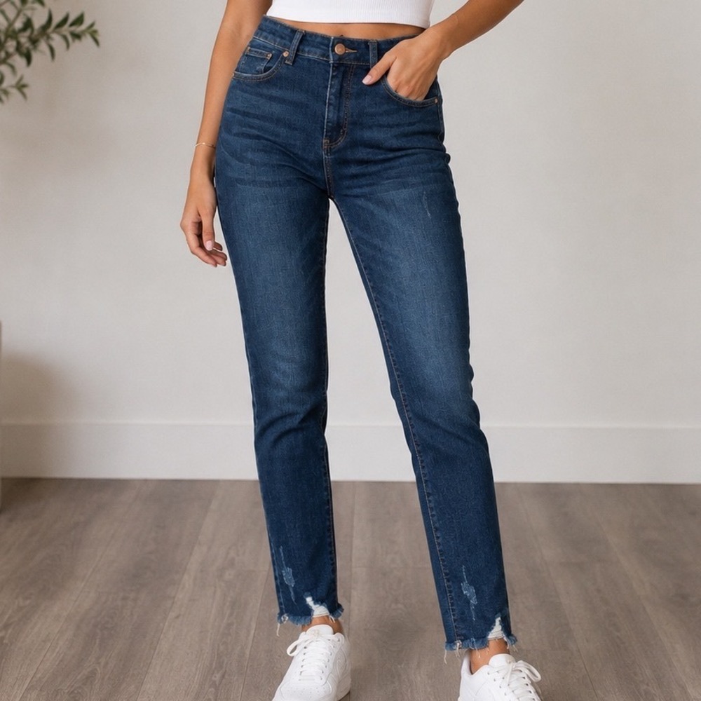 Risen Los Angeles Dark Wash High Rise Skinny Jeans Raw Hem RDP1238 9/29 aA2
